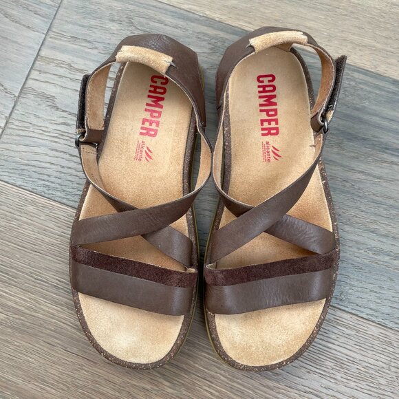 Camper Alicante Leather Strappy Sandals w Velcro Close Chocolate Brown Sz 37 - Picture 1 of 14